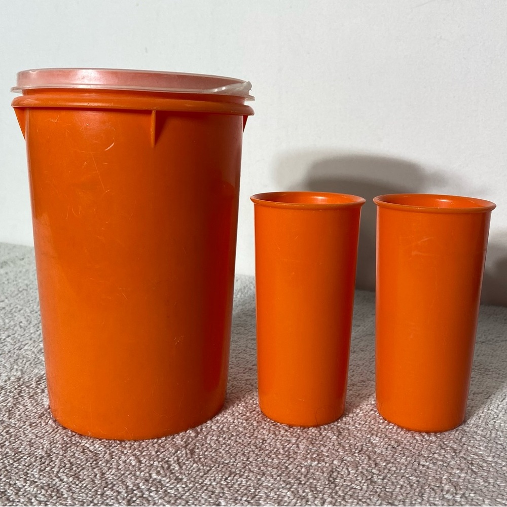 Vintage Tupperware Orange Handolier Plastic Storage Canister W Lid & 2 Cups Set - Picture 9 of 11